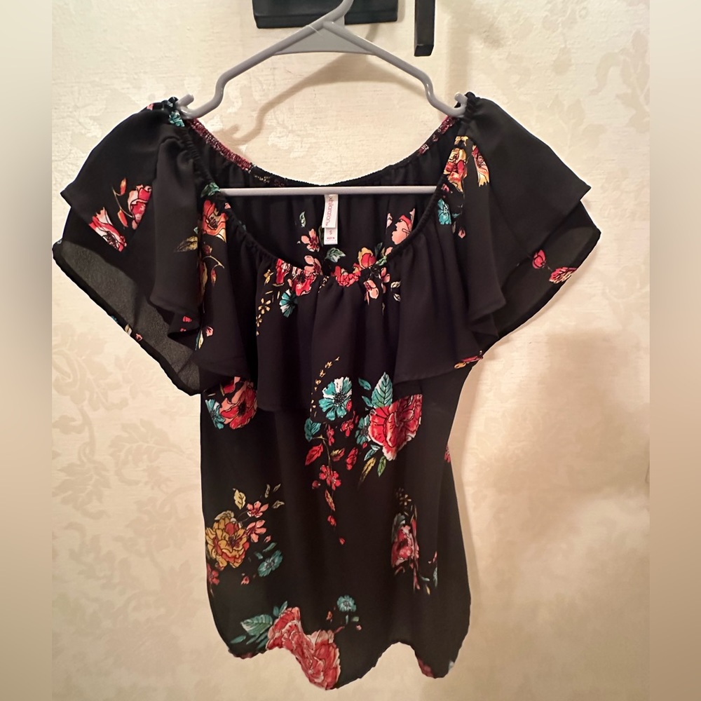 Black floral off the shoulder blouse